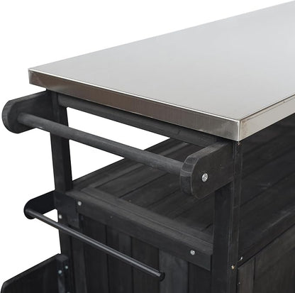 MERITLINE Foldable Outdoor Kitchen Island with Stainless Steel Top & Fir Wood Frame, Adjustable Hidden Shelf & Two-Tier Rack, Lockable Casters for Patio, Garden, Balcony, Black