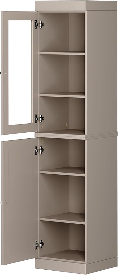 Palace Imports Solid Wood Kitchen Pantry - Narrow Storage Cabinet - 16.5" Wide x 71.5" Tall - 1 Raised Panel & 1 Glass Door, Beige, Adjustable Shelves, 100% Eco-Friendly Wood, Modular Cabinets