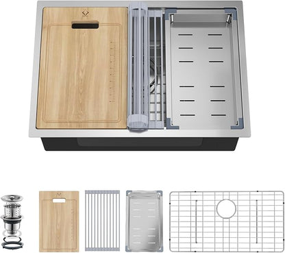 27 Inch Undermount Kitchen Sink 16 Gauge Stainless Steel Ledge Workstation Sink Round Corners Deep Single Bowl Kitchen Sinks with Accessories 27"x19"x10"