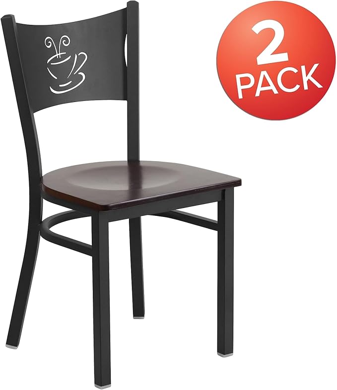Flash Furniture HERCULES Series Black Coffee Back Metal Restaurant Chair - Walnut Wood Seat