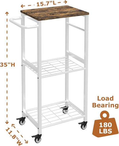 Kitchen Microwave Stand Cart with Storage Rack, 3-Tier Rolling Kitchen Side Table on Wheels with 8 Hooks, Utility Small Coffee Shelf Organizer for Living Room, Bedroom, Bathroom, Office, White