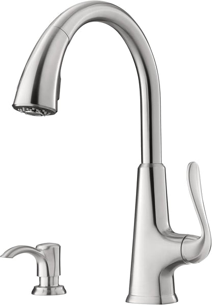 Pfister Pasadena Kitchen Faucet with Pull Down Sprayer and Soap Dispenser, Single Handle, High Arc, NSF Certified, Stainless Steel Finish, F5297PDS
