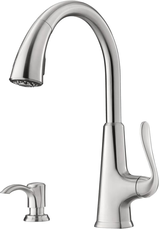 Pfister Pasadena Kitchen Faucet with Pull Down Sprayer and Soap Dispenser, Single Handle, High Arc, NSF Certified, Stainless Steel Finish, F5297PDS