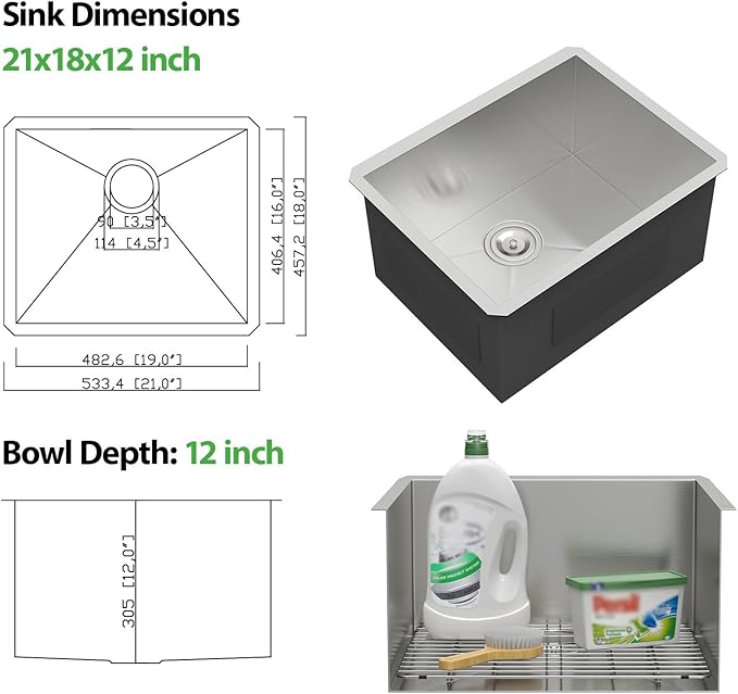 21 Inch Undermount Laundry Sink Utility 16 Gauge Stainless Steel Single Bowl 12 Inch Deep Under Counter Handmade Kitchen Sink Basin 21"x18"x12"