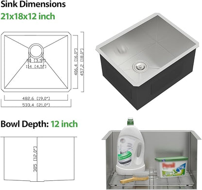 21 Inch Undermount Laundry Sink Utility 16 Gauge Stainless Steel Single Bowl 12 Inch Deep Under Counter Handmade Kitchen Sink Basin 21"x18"x12"