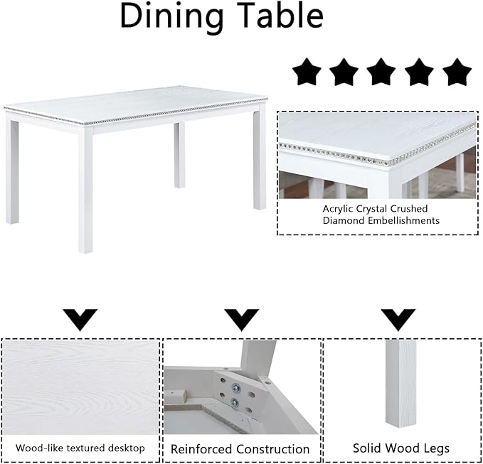 Dining Table Set for 6, 6 Piece Wooden Dining Table Set, Kitchen Furniture with Rectangular Crystal Decoration Dining Table, 4 Upholstered Chairs & Bench, Space-Efficient for Apartment, White