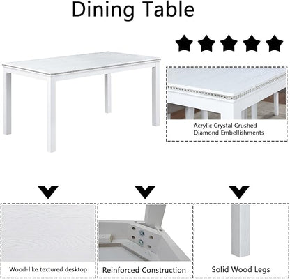 Dining Table Set for 6, 6 Piece Wooden Dining Table Set, Kitchen Furniture with Rectangular Crystal Decoration Dining Table, 4 Upholstered Chairs & Bench, Space-Efficient for Apartment, White