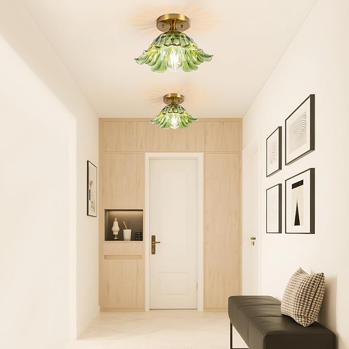 Semi Flush Mount Ceiling Light, Vintage Ceiling Light E26 Base, Green Shade Glass Hallway Light Fixture for Kitchen Porch Bedroom,Bulb Included