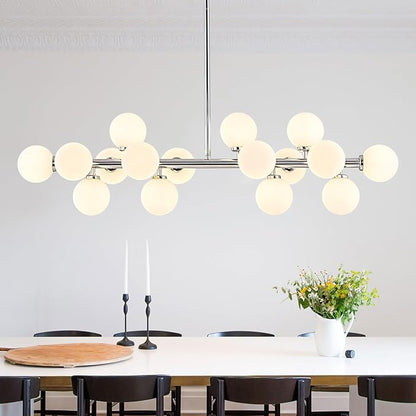 16-Light Globe Sputnik Chandelier, Mid Century Modern Light Fixture Over Table, Chrome Silver Linear Chandeliers for Dining Room and Kitchen Island (Milk White Glass Bubble Shades, 40 Inch)