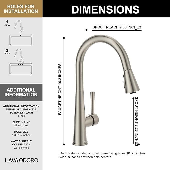 Lava Odoro Montelux Brushed Nickel Kitchen Faucet with Pull Down Sprayer, Single Handle Kitchen Sink Faucet, Faucet for Kitchen Sink with Magnetic Docking Spray Head and Deck Plate, KF321-BN