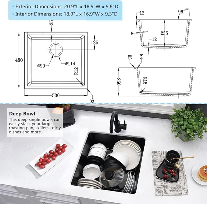 21 Inch Black Undermount Bar Sink-VASOYO 21x19 Undermount Wet Bar Sink Black Granite Composite Single Bowl Quartz Outdoor Rv Kitchen Sinks Small Prep Sinks with Bottom Grid
