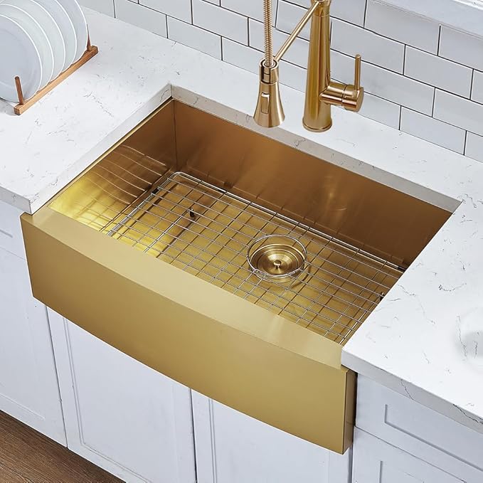 HOTIS Gold Farmhouse Sink, 30 Inch Gold Kitchen Sink, Flat Apron-Front Undermount Drop In Farm Sinks, Stainless Steel Single Bowl Handmade Farmhouse Kitchen Sinks With Accessories