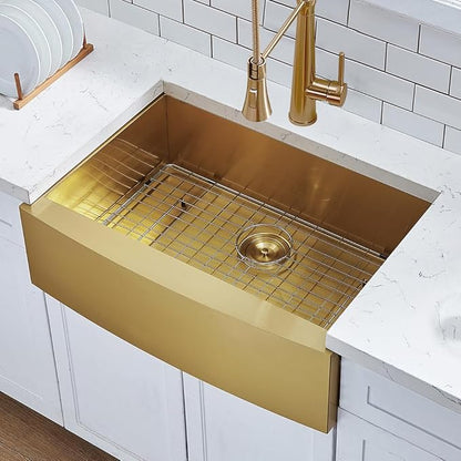 HOTIS Gold Farmhouse Sink, 30 Inch Gold Kitchen Sink, Flat Apron-Front Undermount Drop In Farm Sinks, Stainless Steel Single Bowl Handmade Farmhouse Kitchen Sinks With Accessories