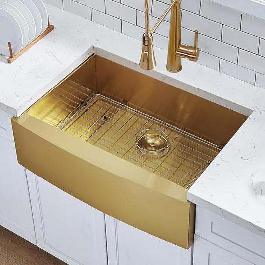 HOTIS Gold Farmhouse Sink, 30 Inch Gold Kitchen Sink, Flat Apron-Front Undermount Drop In Farm Sinks, Stainless Steel Single Bowl Handmade Farmhouse Kitchen Sinks With Accessories