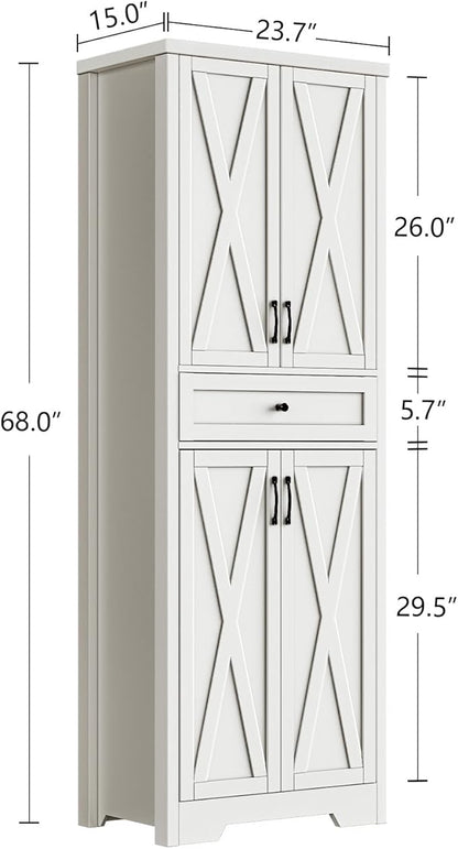 Lyromix 68'' Farmhouse Kitchen Pantry Cabinet with Adjustable Shelves, Tall Storage Cabinet with Barn Doors, Freestanding Versatile Cupboard for Dining Room, White