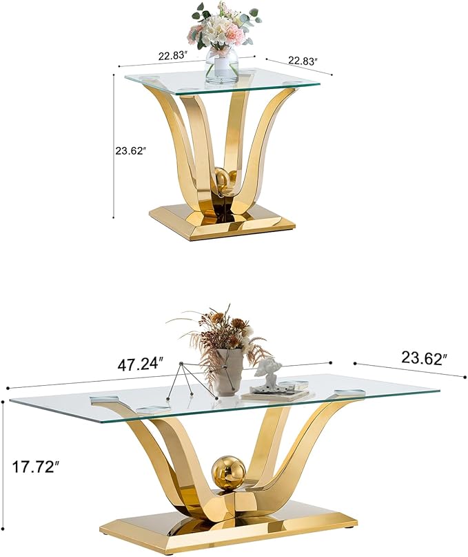 Henf Luxury Glass Coffee Table Set of 3 Piece Gold Living Room Table Set of 3 Including Coffee and End Tables Set,Gorgeous Stainless Steel Frame, Clear Glass Top for Living Room Home Office Apartment