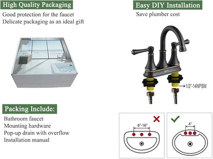 TimeArrow Oil Rubbed Bronze 2 Handle Centerset Bathroom Sink Faucet with Pop up Drain, High Arc Modern 4 Inch Bathroom Vanity Lavatory Faucet for 3 Holes with Brass 360° Swivel Spout, TAF067Y-ORB