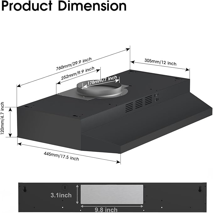 Under Cabinet Range Hood 30 inch, Ducted/Ductless Convertible Kitchen Stove Hood, Stainless Steel Vent Hood w/Rocker Button Control, 2 Speeds Exhaust Fan, 280CFM, Black