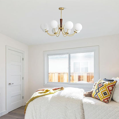 KCO Lighting 8 Light Brass Gold Chandelier White Milk Glass Pendant Light Mid Century Modern Dining Room Chandelier Vintage Chandeliers for Bedroom