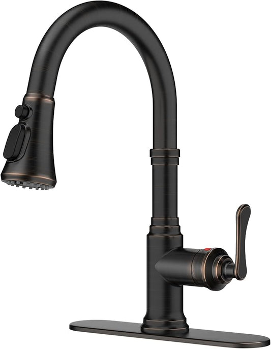 FORIOUS Antique Kitchen Faucets with Pull Down Sprayer Oil Rubbed Brown, 3 in 1 Stainless Steel High Arc Single Handle Sink Faucet for Farmhouse Camper Rv Bar, Fit for 1 or 3 Hole