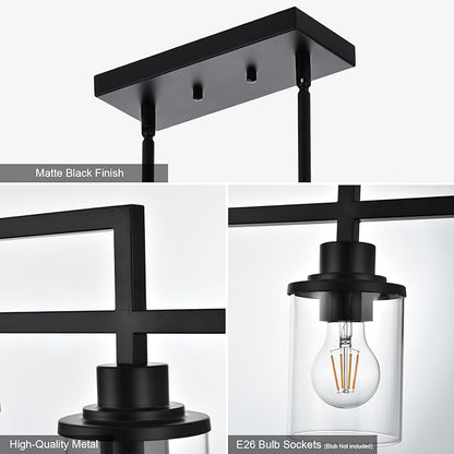 Yaohong 6-Light Black Linear Chandelier for Dining Room, Farmhouse Kitchen Island Light Fixture with Clear Glass Shades, Adjustable Ceiling Hanging Light for Dining Table and Living Room