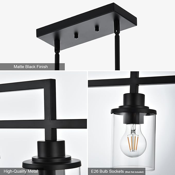 Yaohong Kitchen Island Lighting, 4-Light Farmhouse Dining Room Light Fisture Linear Chandelier Pendant Lighting with Clear Glas Shade, Matte Black Ceiling Pendant Light Fixtures for Dining Table