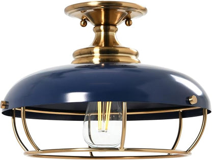 Presley Caged Dome Metal Semi-Flush Mount Ceiling Light, Brushed Brass and Navy Blue