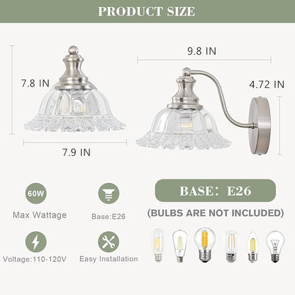 Vintage Wall Sconce Light, Brushed Nickel Bathroom Sconces Wall Lighting, Antique Wall Light Fixture with Clear Flower Glass Shades, Indoor Wall Sconces for Living Room Bedroom, 1-Light Wall Lamp