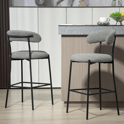 26" Counter Height Bar Stools - Teddy Fabric Upholstered Kitchen Island Stools with Black Powder-Coated Metal Base & Integrated Footrest, Modern Farmhouse Style(Grey)