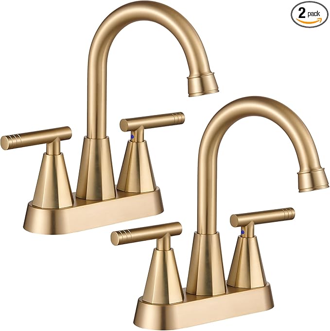 Cobbe Bathroom Faucets for Sink 3 Hole, 4 Inch with Pop Up Drain and 2 Supply Hoses, 2 Handle Centerset Bathroom Faucet for Sink Vanity, Brushed Gold, 2 Pack
