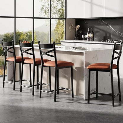 GarveeHome Bar Stools Set of 4, Counter Height Bar Chairs with Back and Thick Cushion, Upholstered Dining Chairs with Padded Seat, Barstools for Kitchen Island, Bar, Dining Room, Modern Brown