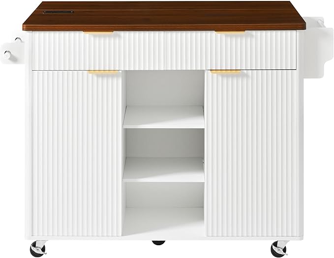 Modern Dining Table 52in Fluted Kitchen Island with Drop, Power Outlet, Cart with Shelves, 2 Doors 2 Drawers, Rolling Table for Kitchen Living Room,White-MDF
