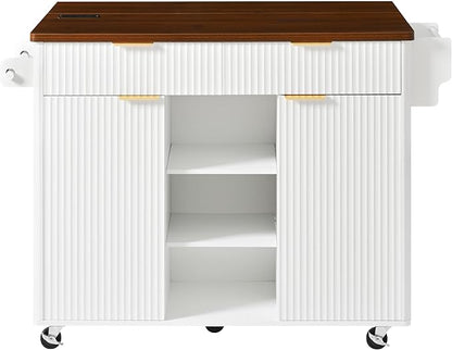 Modern Dining Table Kitchen Island with Drop, Power Outlet, Cart with Shelves, 2 Doors 2 Drawers, Rolling Table for Kitchen Living Room,White-MDF