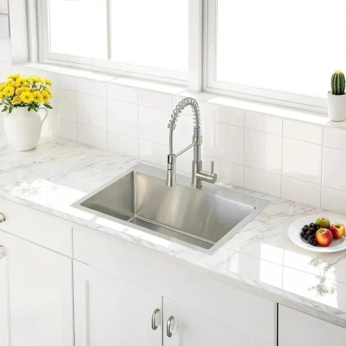 HOTIS 22x18 Inch Drop In Kitchen Sink, Stainless Steel Handmade Single Bowl Topmount Kitchen Sink, Brushed Nickel Prep Sink with Strainer