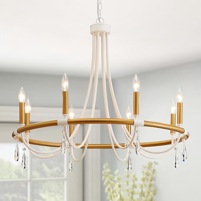 WUZUPS Wagon Wheel Chandelier Rustic Farmhouse Industrial Round Pendant Light Fixture with Clear Crystal for Dining Room Kitchen Island, H 28.3" x W 30.3", E12 Base, Gold White