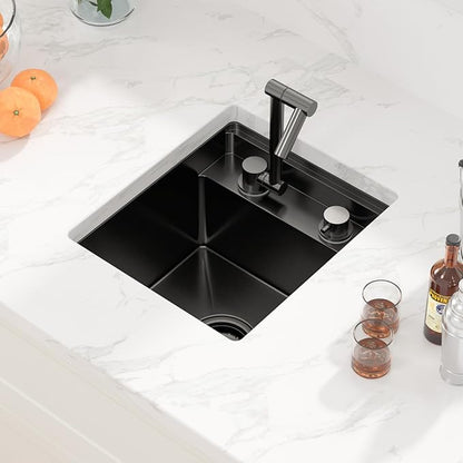 Sarlai Black Undermount Bar Sink - 15x17 Inch Outdoor Kitchen Sink RV Workstation Gunmetal Black 16 Gauge Stainless Steel Single Bowl Handmade Outdoor BBQ Sinks With Foldable Faucet