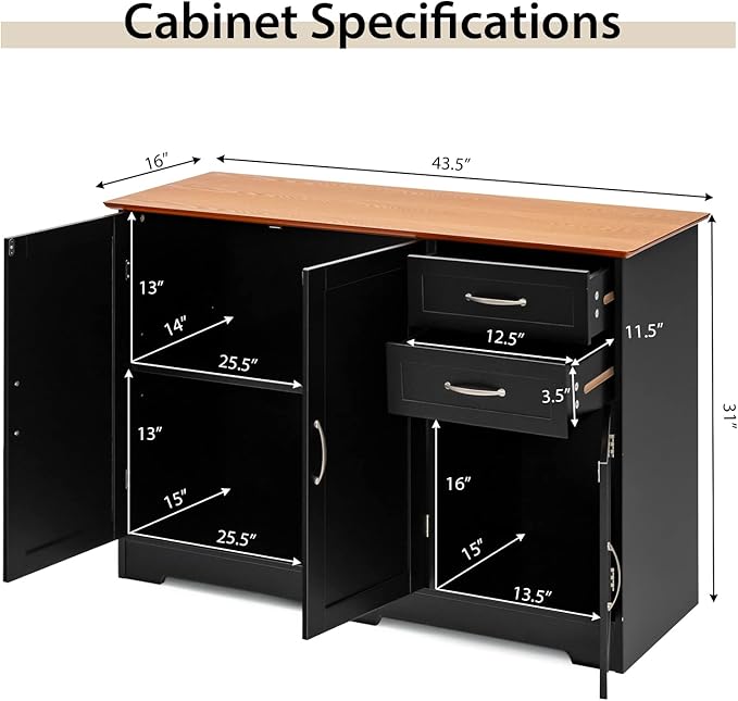 Giantex Buffet Sideboard Storage Credenza Cabinet Console Table Kitchen Dining Room Furniture Organizer, Entryway Cupboard with 2-Door Cabinet and 2 Drawers (Black & Vermilion)