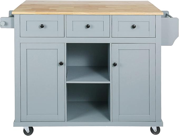 Mobile Kitchen Island with Drop Leaf, Rolling Kitchen Cart on 5 Wheels with Rubberwood Top, Storage Cabinet with 3 Storage Compartment, Spice and Towel Racks for Dining Room