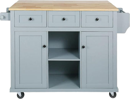 Mobile Kitchen Island with Drop Leaf, Rolling Kitchen Cart on 5 Wheels with Rubberwood Top, Storage Cabinet with 3 Storage Compartment, Spice and Towel Racks for Dining Room