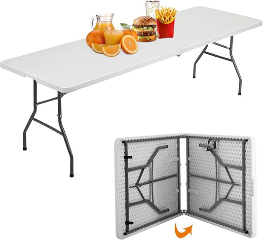 BestOffice Camping Folding 8 Foot Plastic Table, White