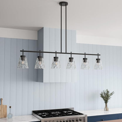 Aiwen 6-Light Kitchen Island Lighting, Modern 48 inch Black Island Chandelier with Glass Shade, Industrial Linear Pendant Lighting Over Table, Pendant Light Fixture for Dining Room