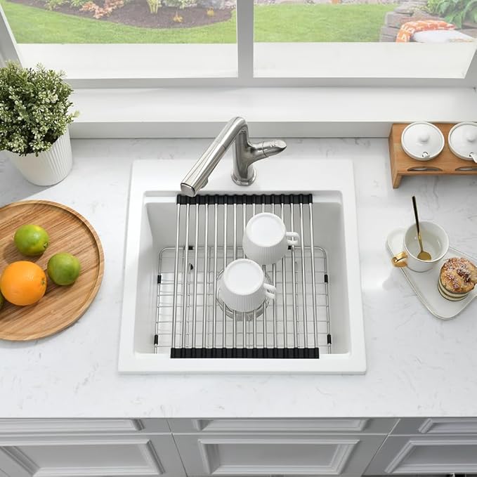 15 Inch White Drop In Bar Sink Workstation -Bokaiya 15x15 Quartz Outdoor Rv Wet Bar Sink Single Bowl Small Drop In Kitchen Sinks with Cutting Board