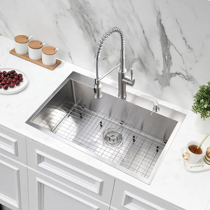 28 Inch Drop in Kitchen Sink, 28" x 19" 16 Gauge Stainless Steel Deep Kitchen Sink Single Bowl Basin with Drain Strainer