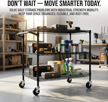 Finnhomy 3 Tier Heavy Duty Commercial Grade Utility Cart, Wire Rolling Metal Trolley with Handle Bar, Steel Kitchen Service Cart with Wheels, Food Storage Trolley on Wheels, NSF Listed, Black