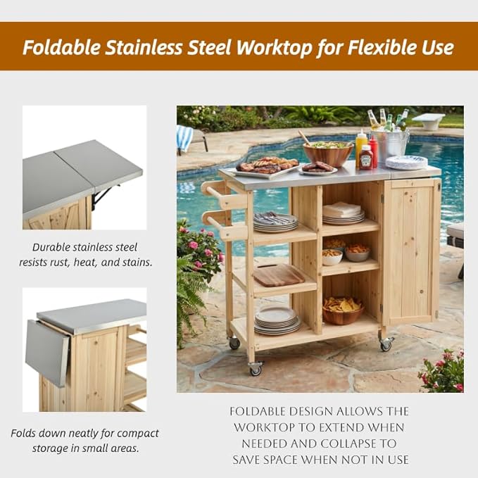 MERITLINE Foldable Outdoor Kitchen Island with Stainless Steel Top, Lockable Rolling Casters & Towel Rack, Mobile BBQ Prep Cart with Open Shelves and Hidden Cabinet for Patio, Balcony, Natural