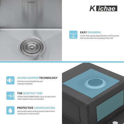 Kichae 15 Inch Outdoor Kitchen Sink - 15" x 20" Stainless Steel Drop Sink 16 Gauge with Pull Down Faucet Combo & Cover for Small Outdoor Kitchens, Bar Prep, and RV Use