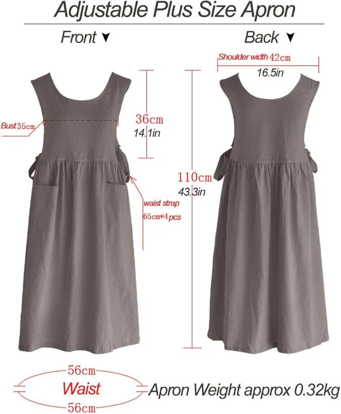 Women Plus Size Cotton Linen Vintage Pleated Split Apron Pinafore Dress with Two Pockets