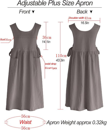 Women Plus Size Cotton Linen Vintage Pleated Split Apron Pinafore Dress with Two Pockets