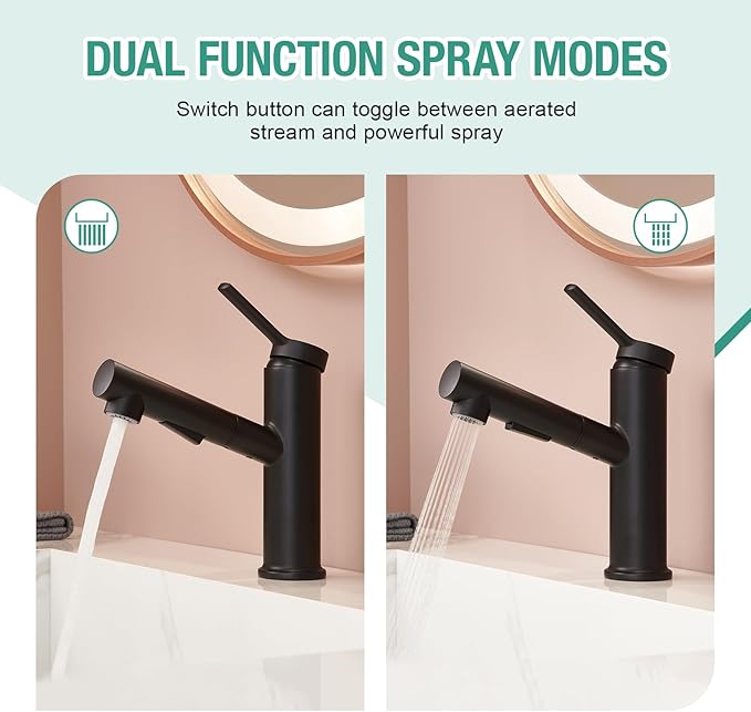 Faustina Matte Black Bathroom Faucet with Pull Out Sprayer, Bathroom Sink Faucet for Vanity or Laundry, Stainless Steel 1 Handle with Deck Plate for 1 or 3 Hole