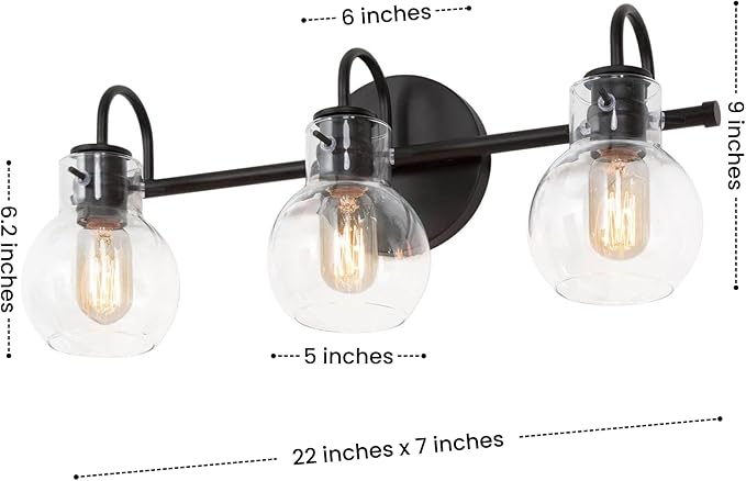 LALUZ Black Bathroom Vanity Light Fixtures, 3-Light Matte Black Farmhouse Vanity Lights with Clear Glass Globe, 22'' Modern Bathroom Lighting Lights Over Mirror
